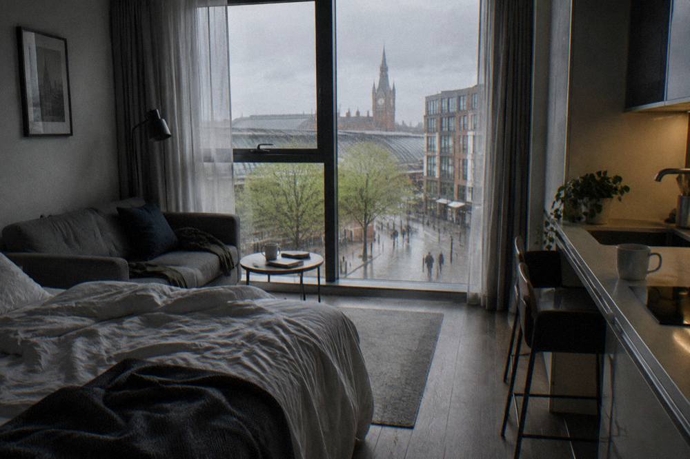 A studio room with a double bed, small sofa and a kitchenette counter with two stools