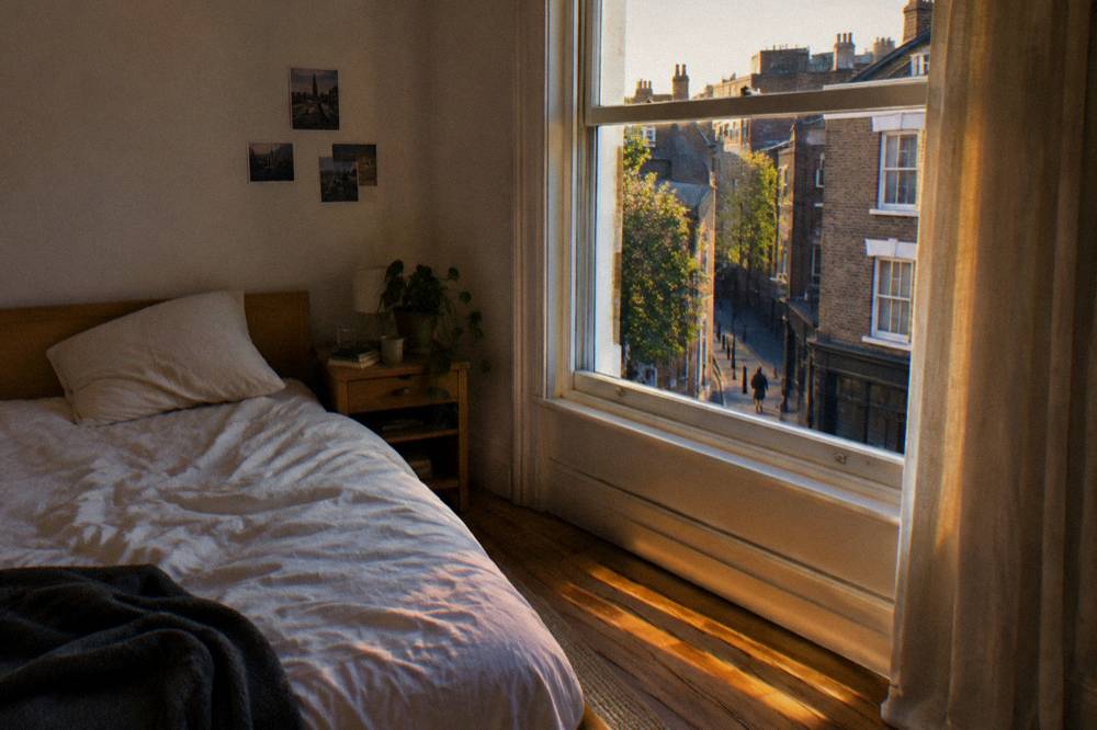 A double bed in a compact modern room with a bedside table and a window onto a London street