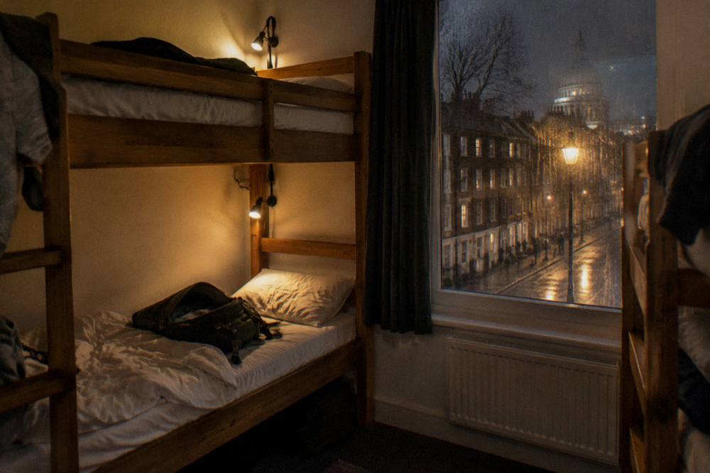 A hostel bunk dorm room with wooden frames and personal reading lights