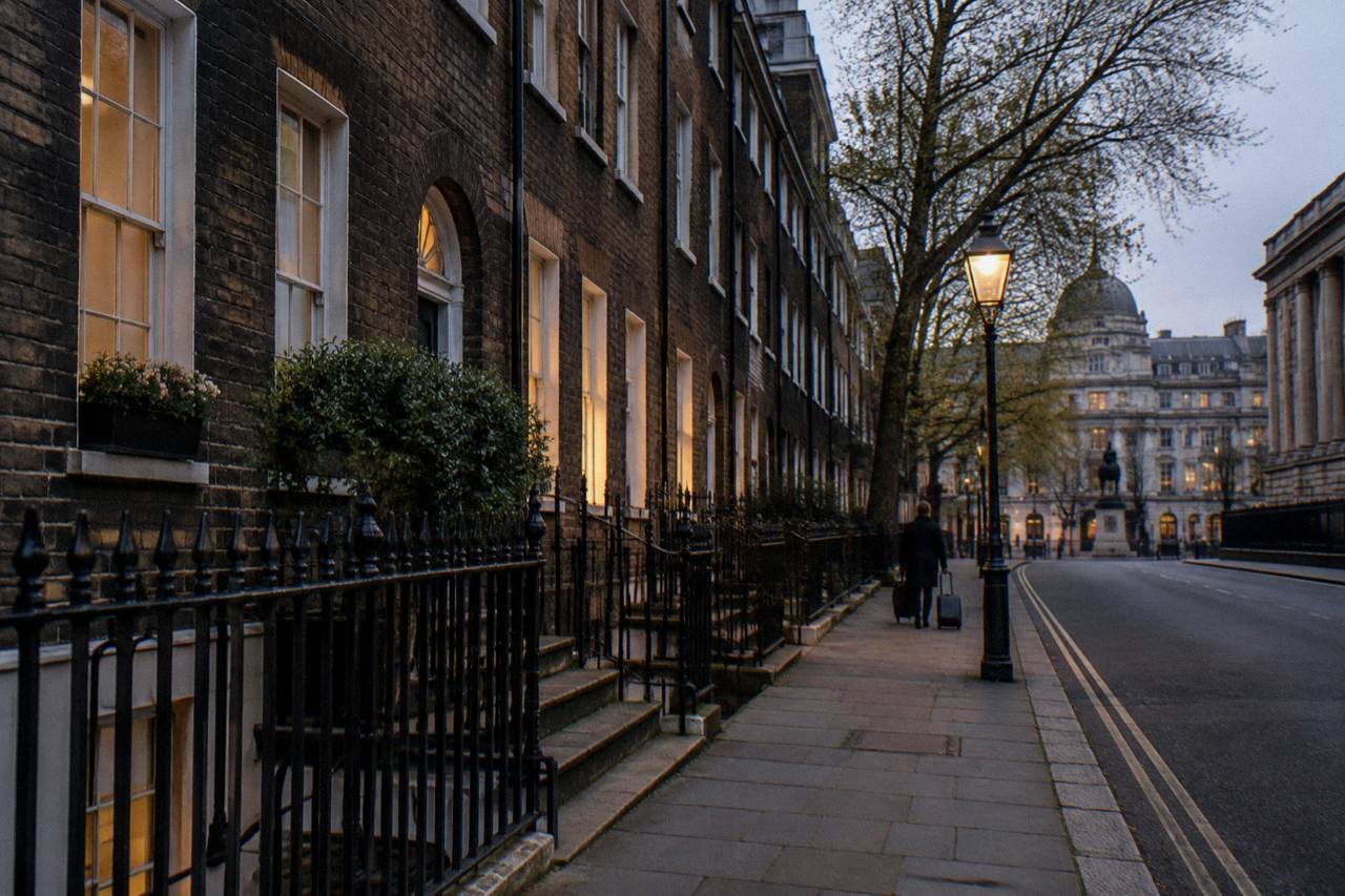 A quiet London residential street with terraced houses and lampposts in the early evening