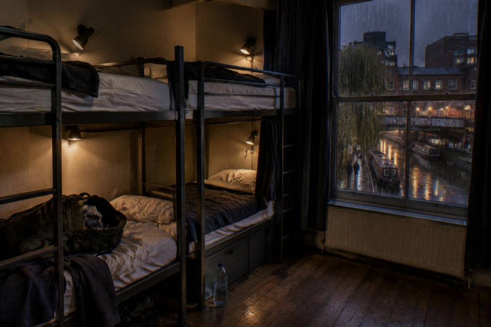 A bunk dorm room with four metal frame beds and personal reading lights