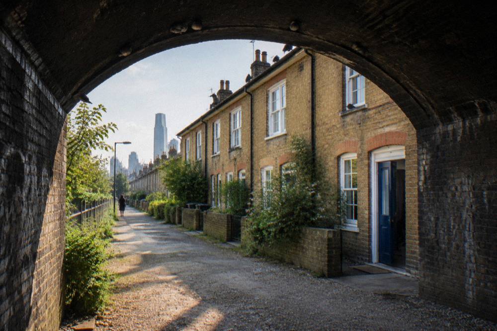 A London residential street with a railway arch and rows of brick terraced houses