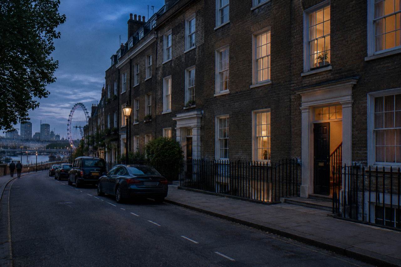 A London street of tall brick terrace houses at dusk with parked cars along the kerb