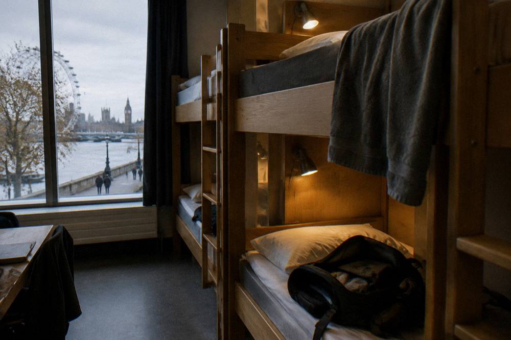 A bunk dorm room with wooden frames and reading lights