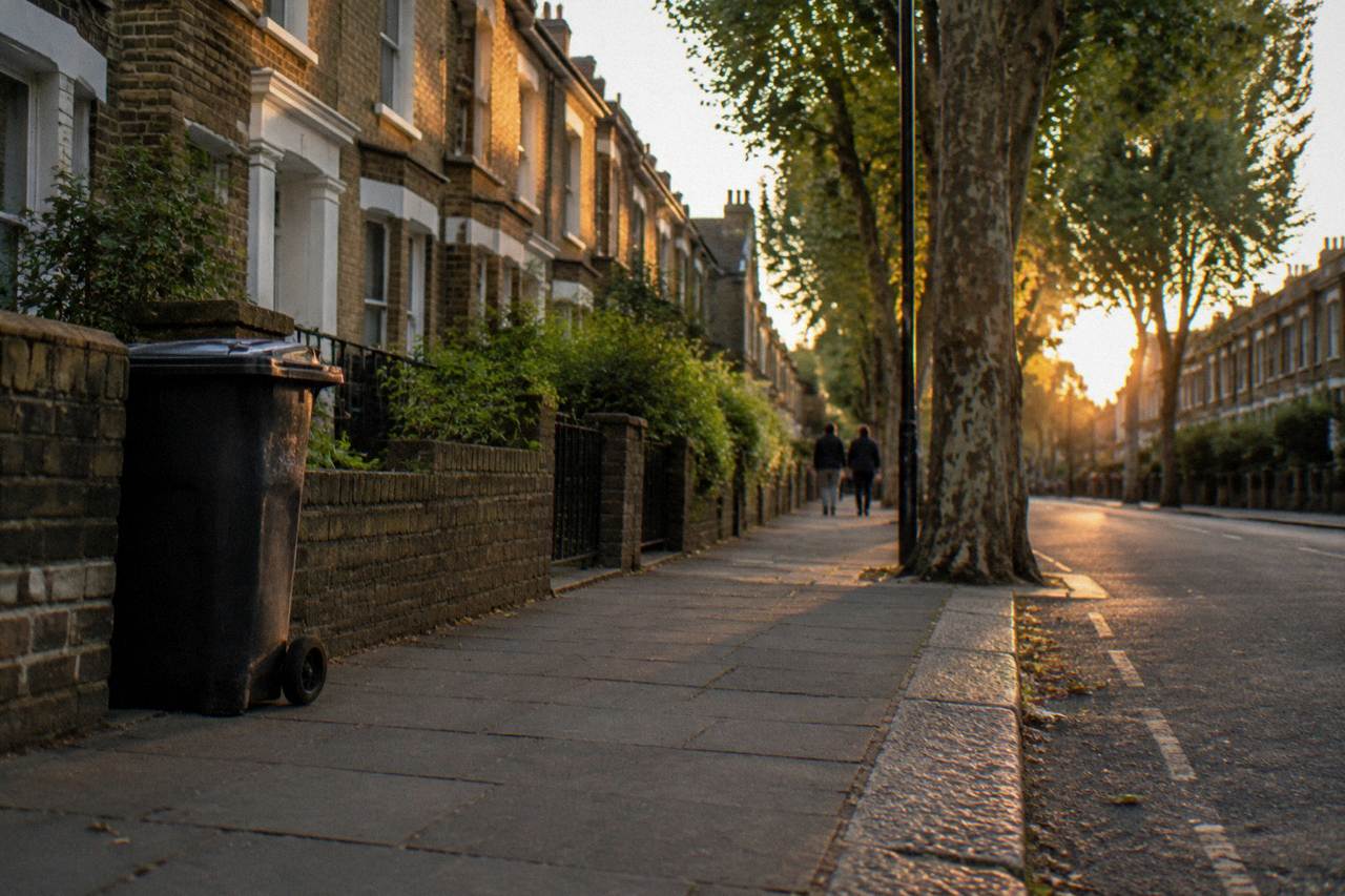 A London residential street with terraced houses and plane trees in evening light