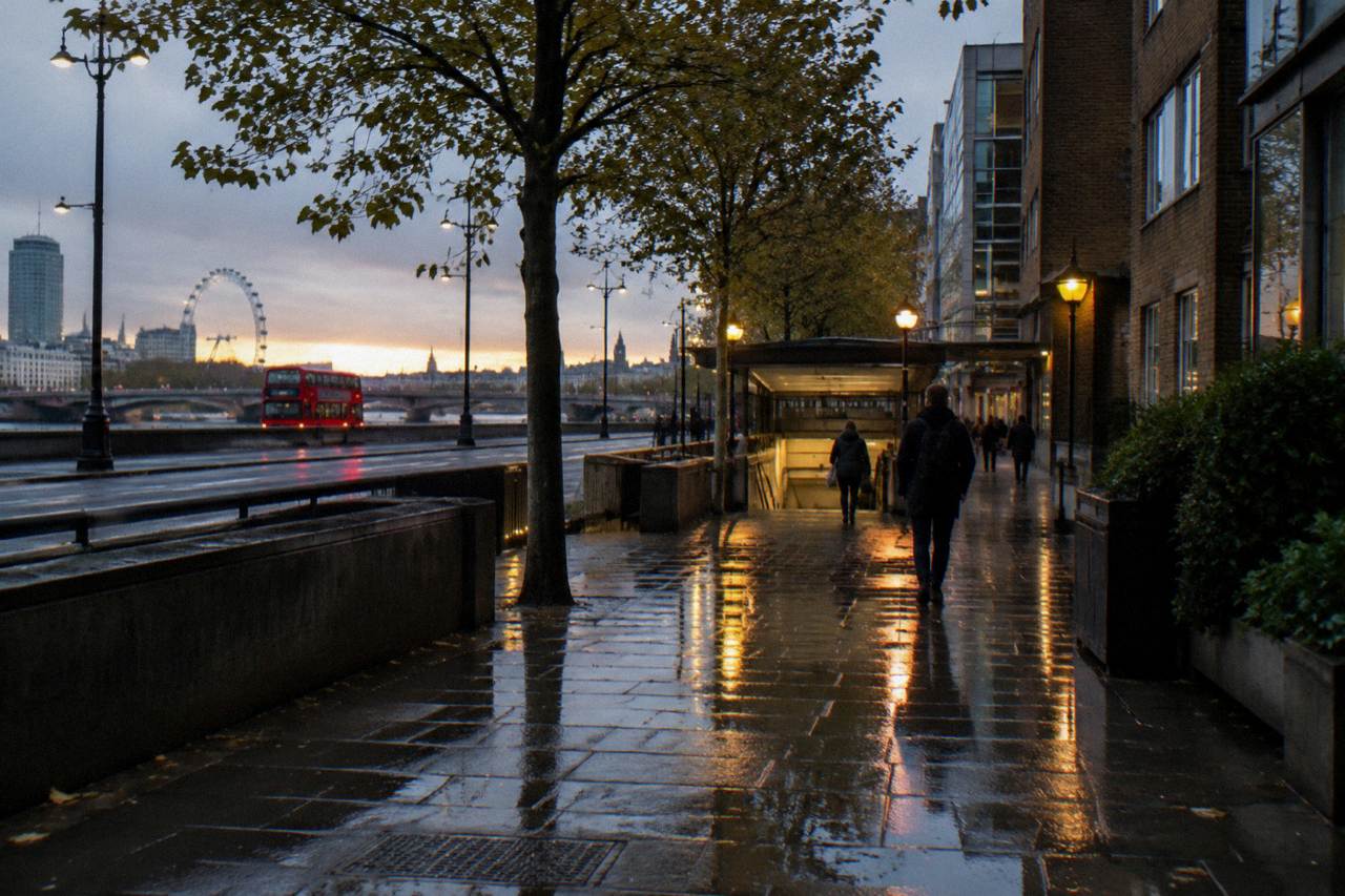 A London street of mid-rise brick buildings with a station entrance ahead in evening light