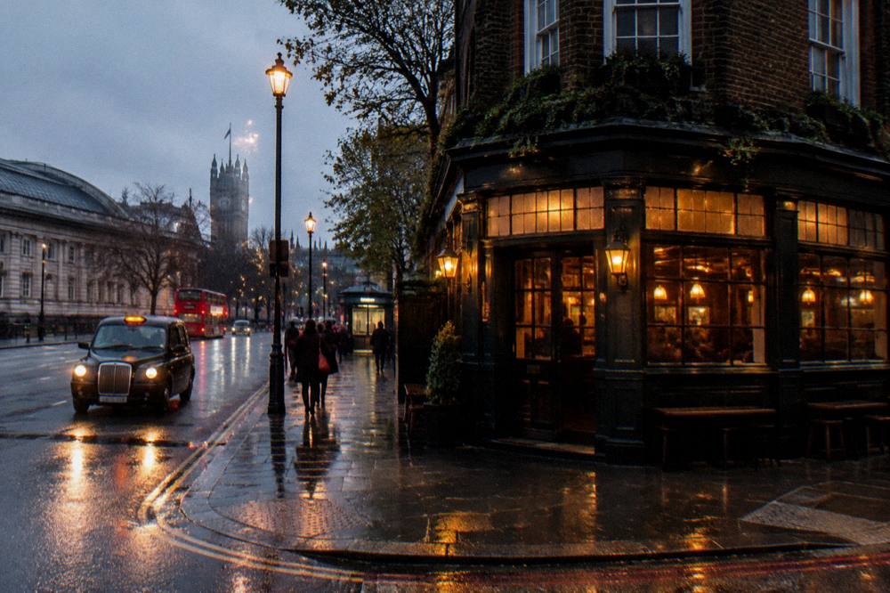 A London street in evening light with a corner building and wet pavement