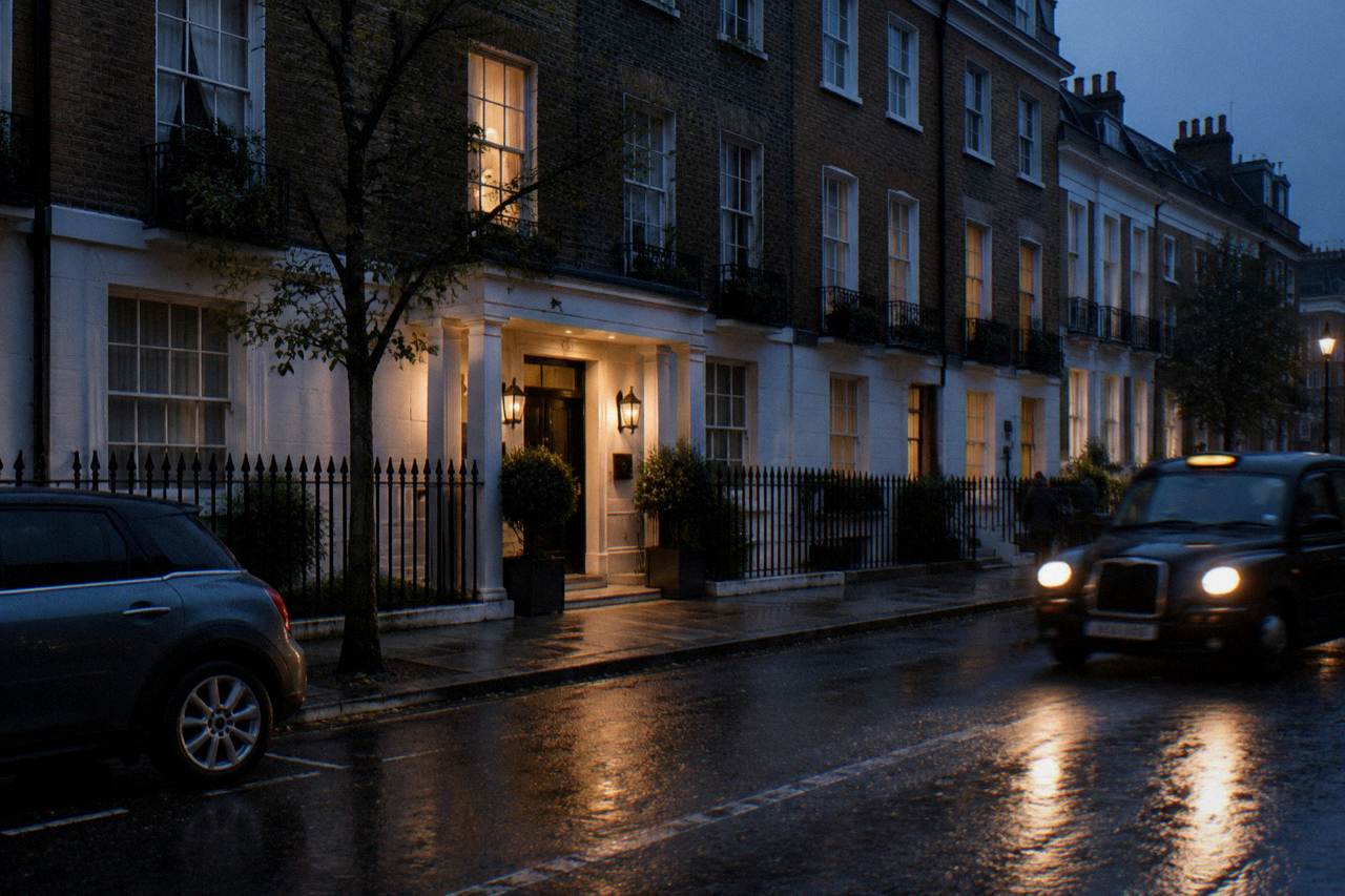 A London street of brick townhouses with a hotel entrance and parked cars at dusk