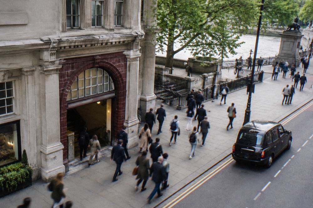 A London Underground station entrance on a busy central street