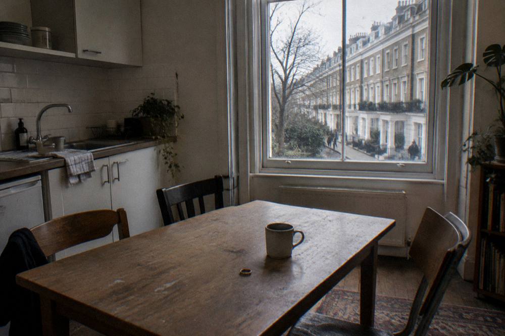 A studio room with a small kitchenette, table and chairs beside a tall window