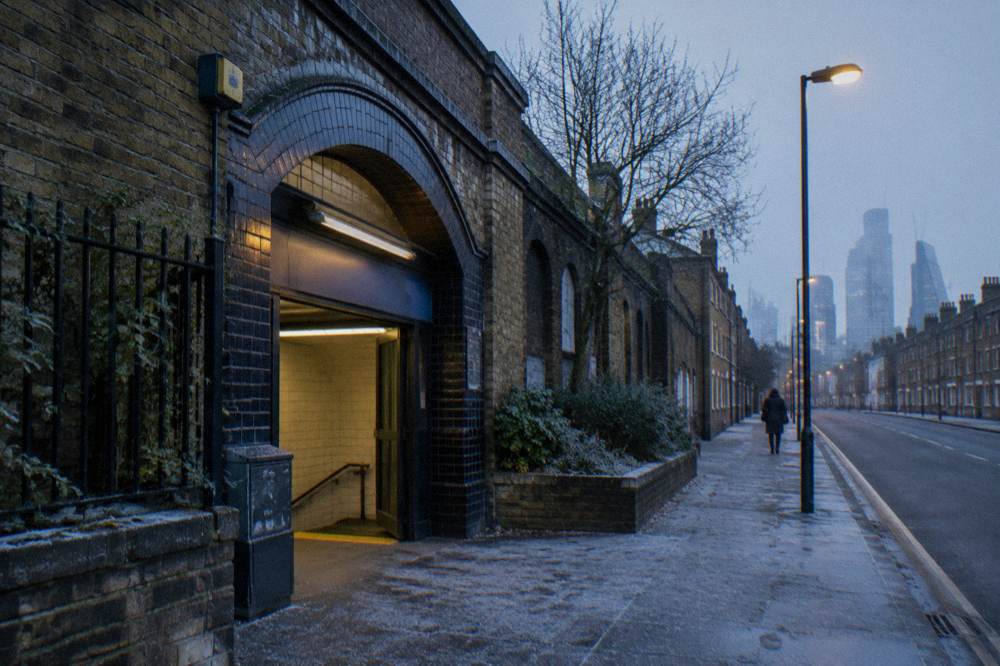 A London Overground station entrance on a quiet street in east London