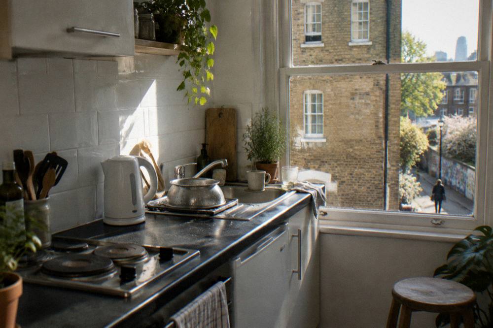 A small studio kitchenette with a two-ring hob and a kettle