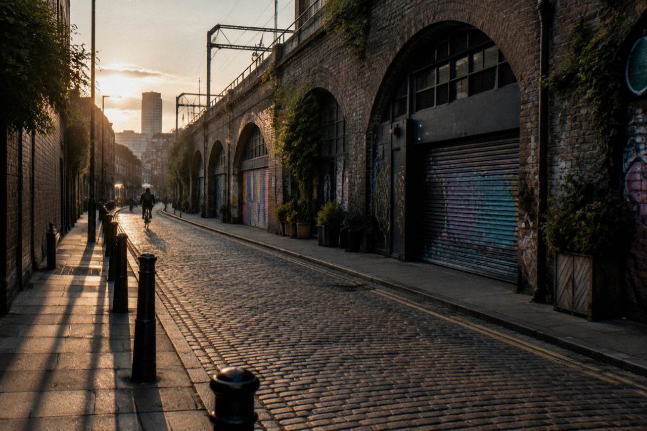 A brick-lined east London street with railway arches and low evening light