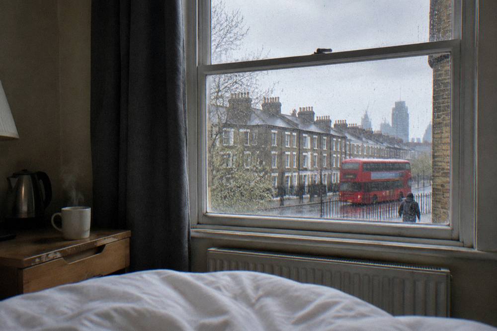 A modest double hotel room with a window, bedside table and plain bedding