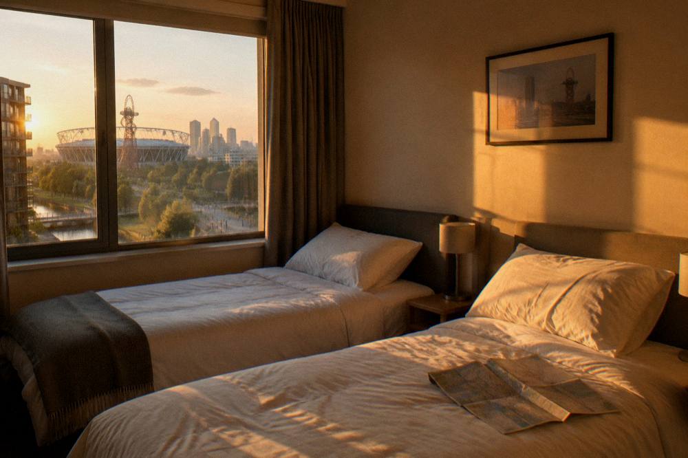 A twin hotel room with two single beds, lamps and pale walls