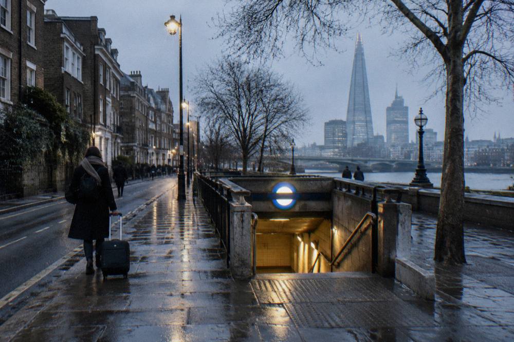 A wide London street with an Underground station entrance and terraced buildings on either side