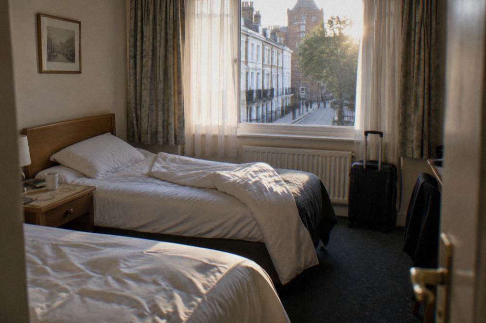 A twin hotel room with two single beds, bedside tables and a window with curtains