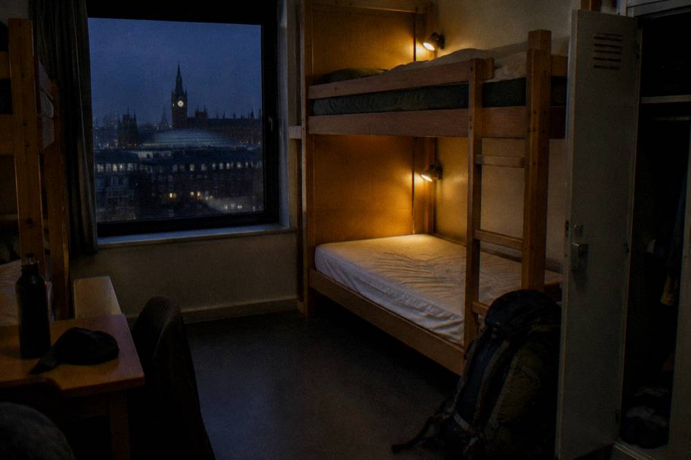 A hostel bunk dorm with wooden bed frames, reading lights and lockers beside the beds