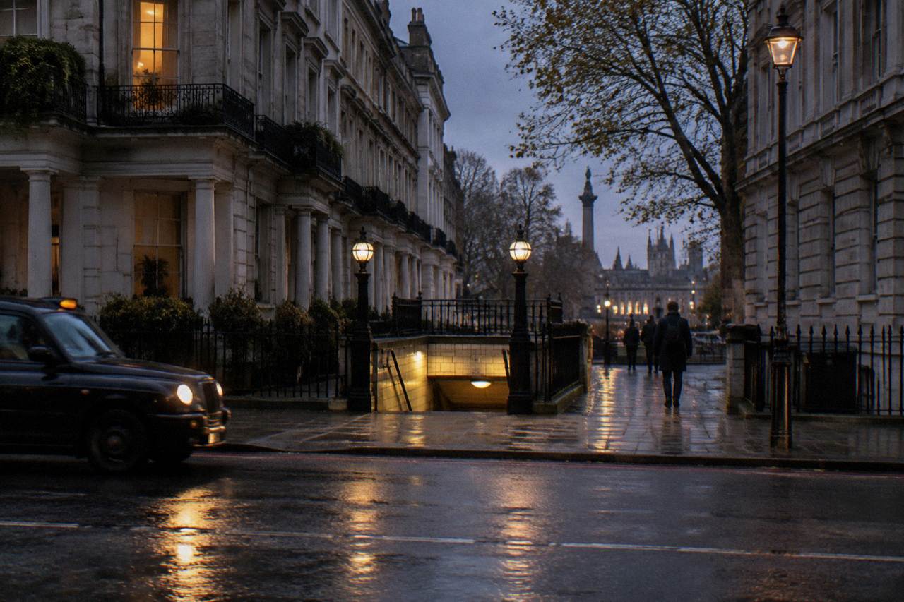 A London street with terraced buildings and an Underground station entrance at dusk