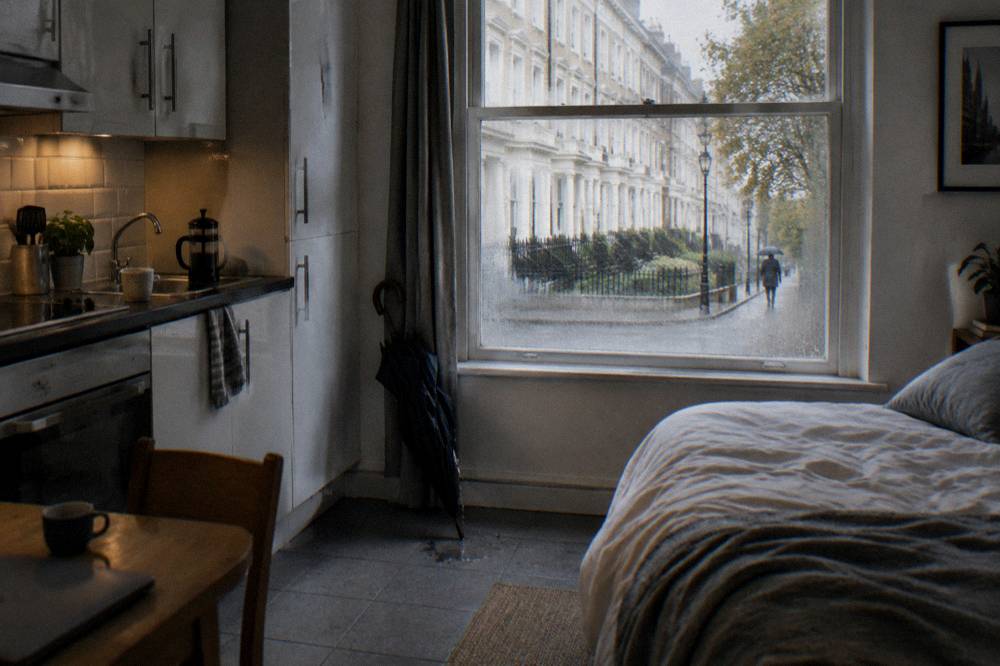 A studio room with a small kitchenette, table and double bed