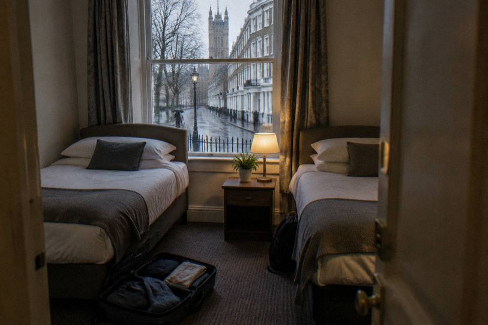 A twin hotel room with two single beds and a bedside table between them
