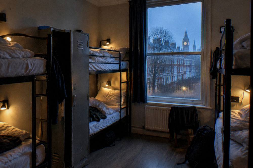 A bunk dorm room with four metal frame beds and personal reading lights