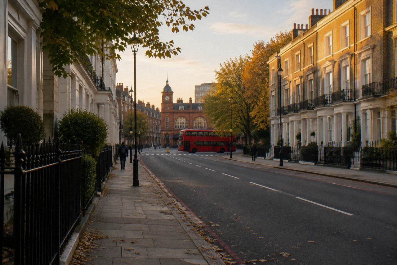 A wide London street with terraced stucco facades and a red brick station exterior in the distance