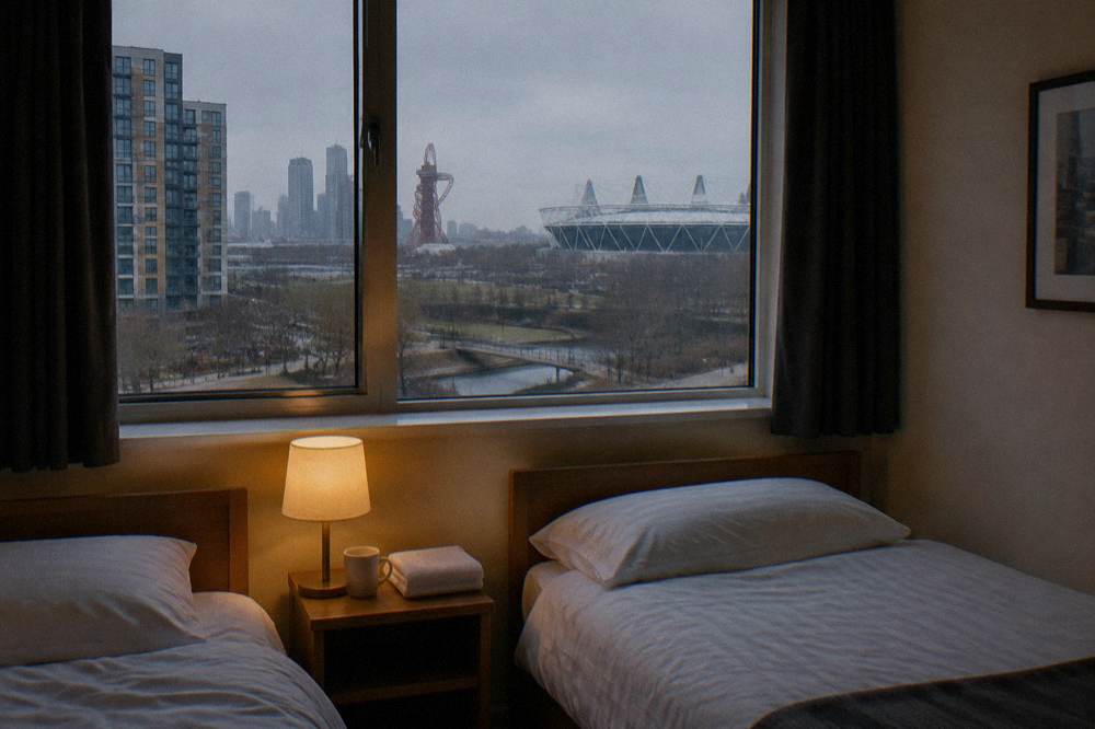 A small hotel twin room with two single beds and a bedside table