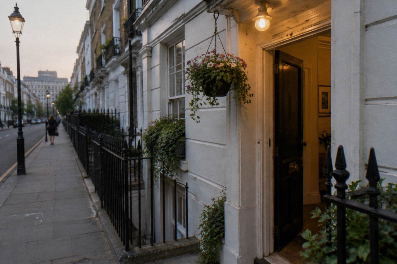 A narrow London terraced street with white stucco facades and a small ground floor entrance