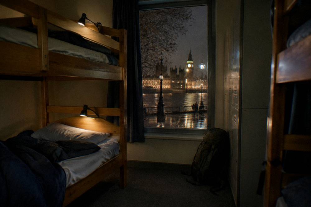 A bunk dorm room with wooden frames and reading lights