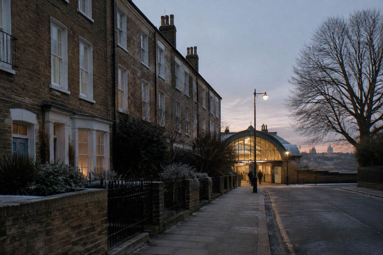 A London street at dusk with terraced buildings and a lit station entrance