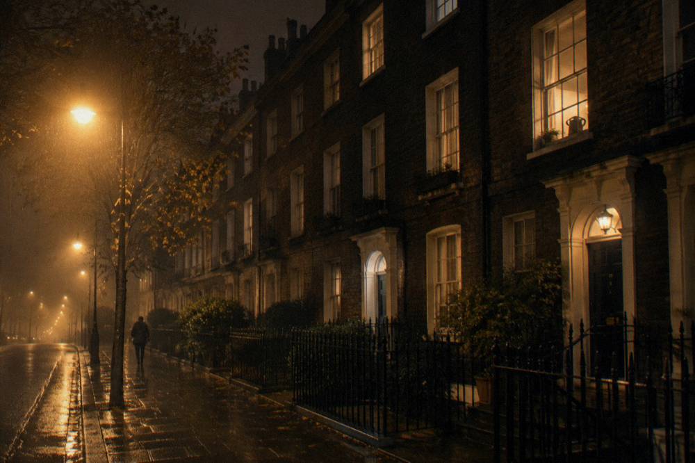A night-time London street with lit windows in a terrace of converted townhouse hotels