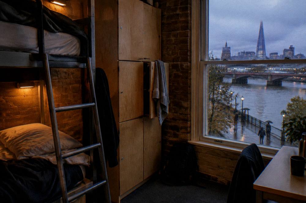 A bunk dorm room with a metal ladder, reading lights and a wooden locker cabinet beside each bed
