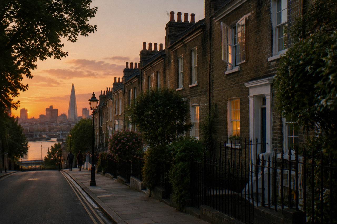 A quiet London street of terraced townhouses at dusk with lit windows
