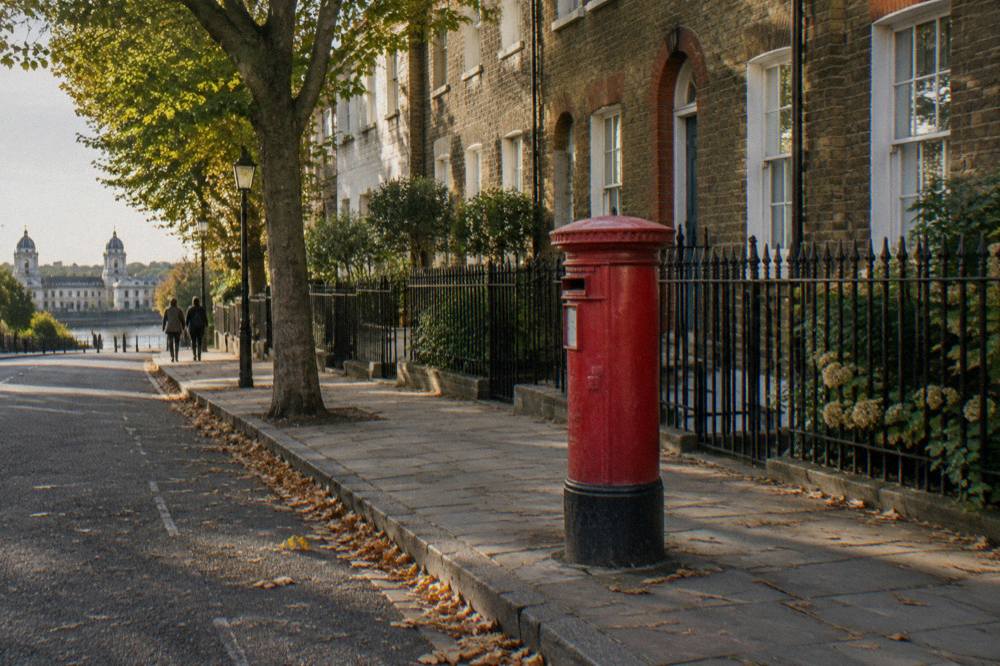 A residential London street with terraced houses and a red pillar box at the kerb
