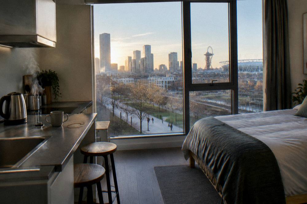 A studio room with a small kitchenette, two stools and a made bed beside the window