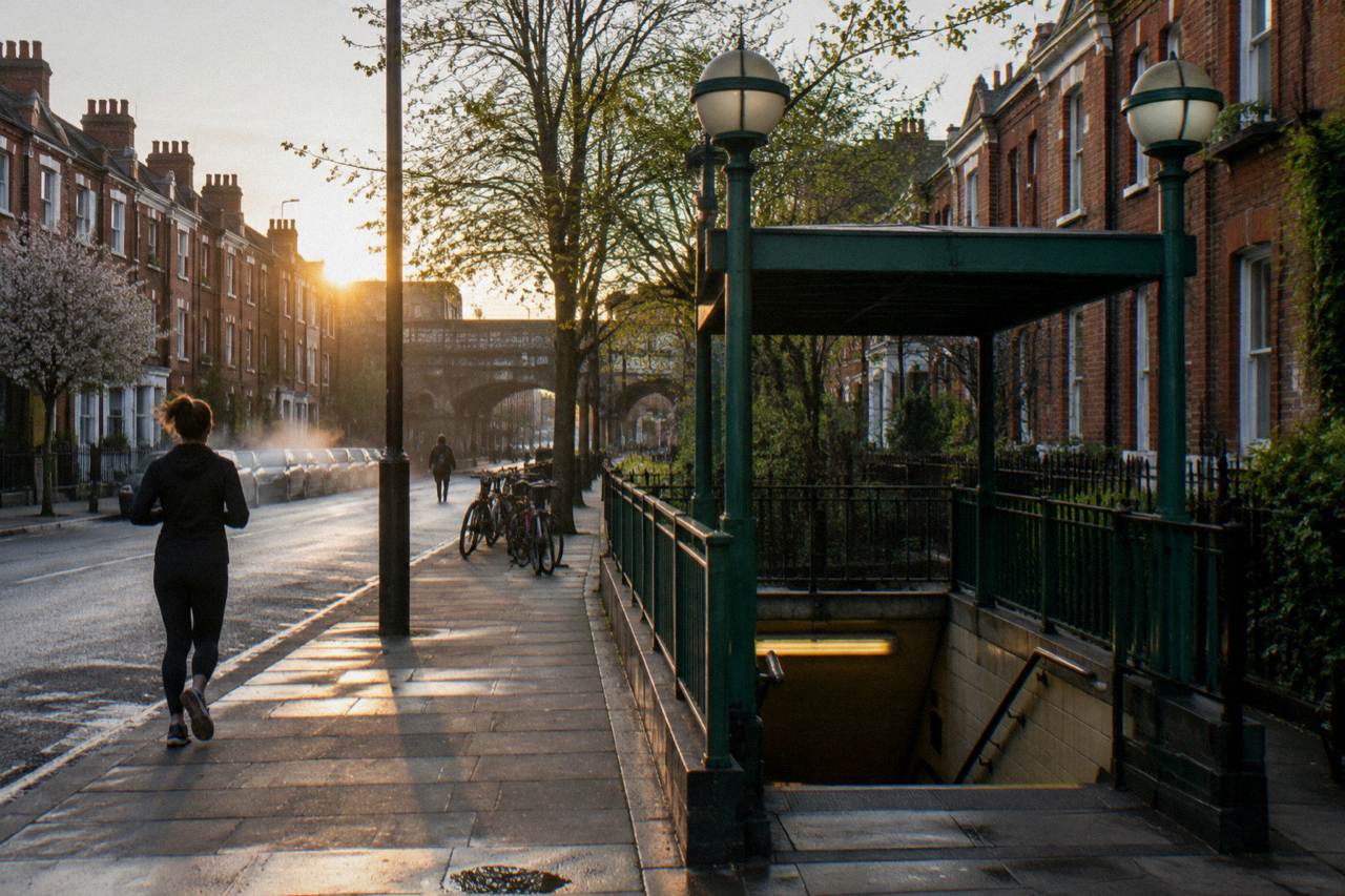 A London Underground station entrance on a quiet street with red brick buildings either side