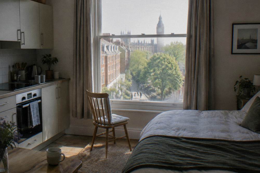 A small studio room with a kitchenette, a double bed and a chair beside the window
