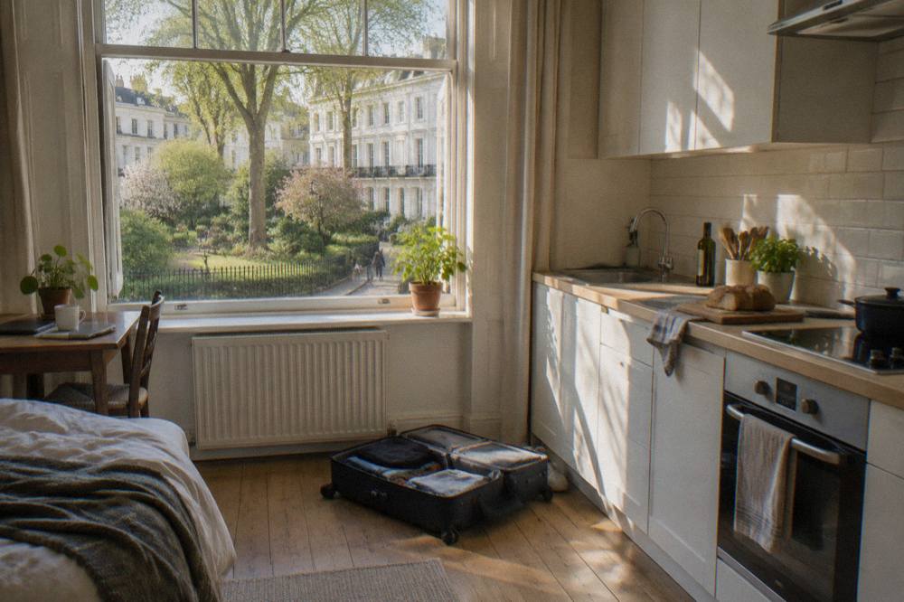 A bright studio apartment with a compact kitchenette along one wall