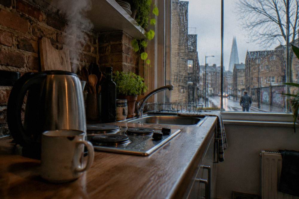 A compact kitchenette with a two-ring hob, sink and kettle in a studio flat