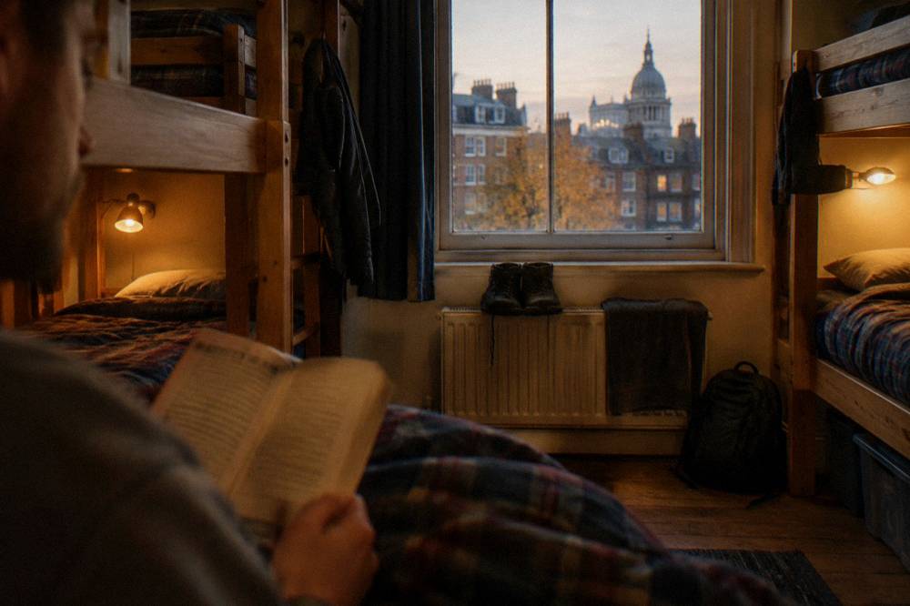 A bunk dorm room with wooden frames and personal reading lights