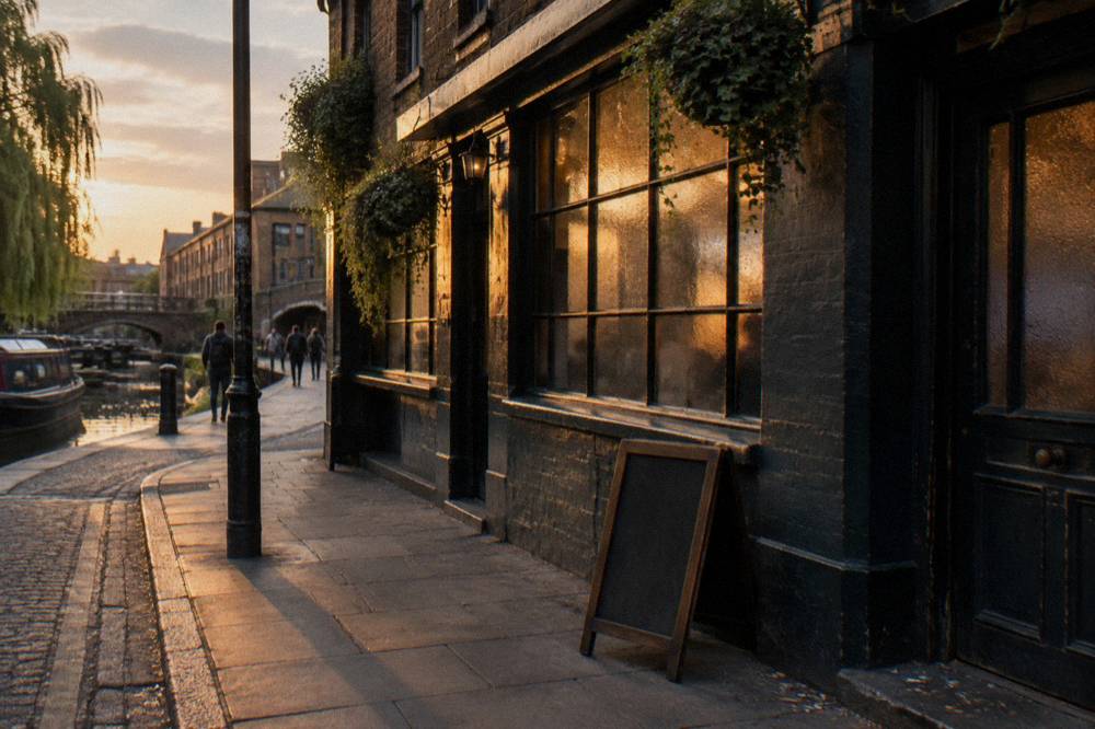 A city street with a pub facade and evening light